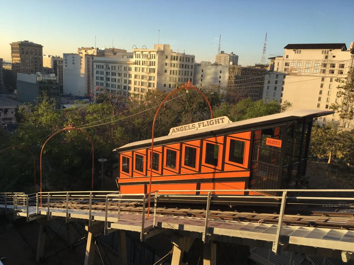 Angels Flight Railway with Los Angeles city skyline in the background